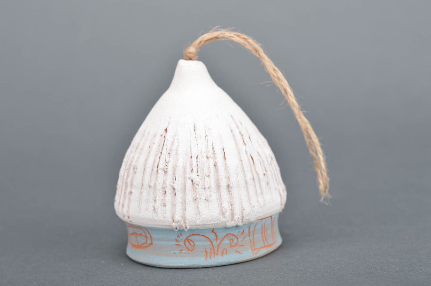 Handmade decorative small white painted ceramic bell with cord for hanging photo 1