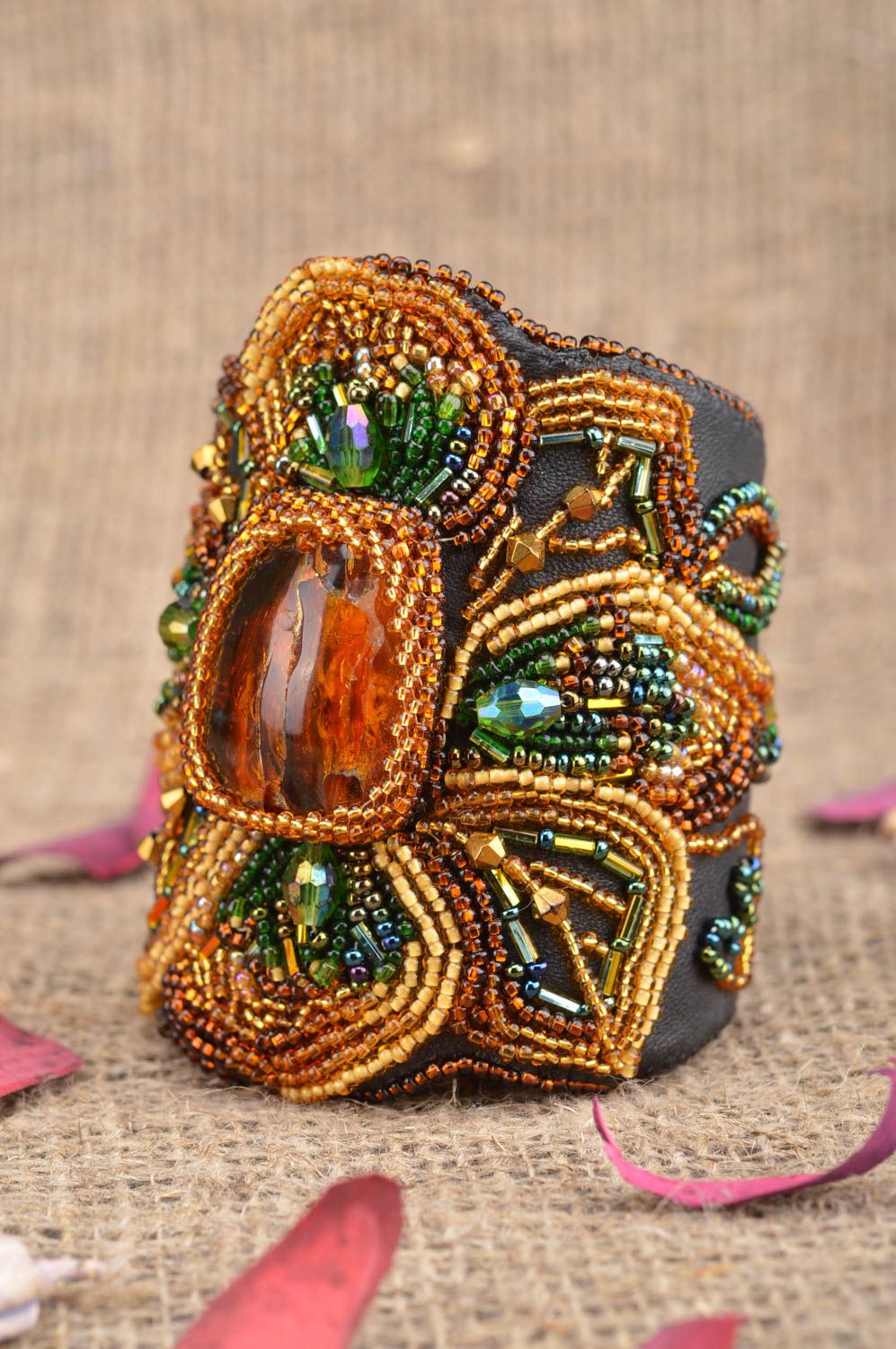 Handmade massive leather wrist bracelet with amber embroidered with Czech beads photo 1