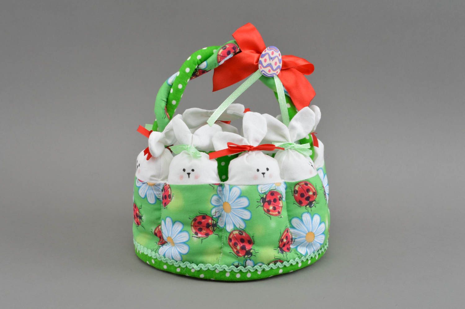 Handmade cute beautiful cute soft Easter basket with rabbits unusual decor photo 2