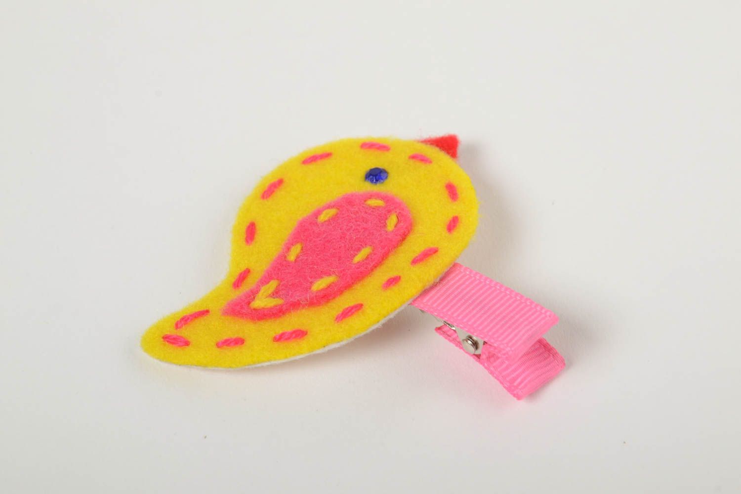 Handmade hair clip yellow with pink made of rep ribbons and fleece for children photo 4