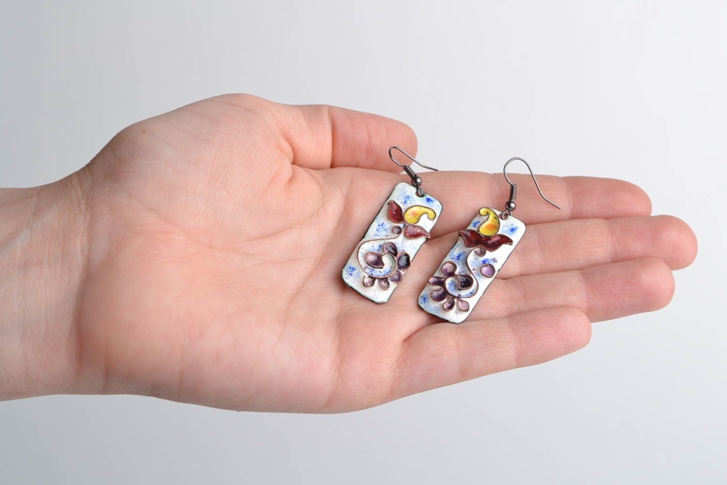 Handmade rectangular colorful enameled copper dangling earrings with flowers photo 2