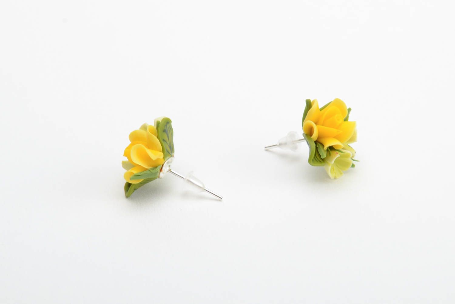 Handmade designer small stud earrings with tiny yellow polymer clay flowers  photo 2