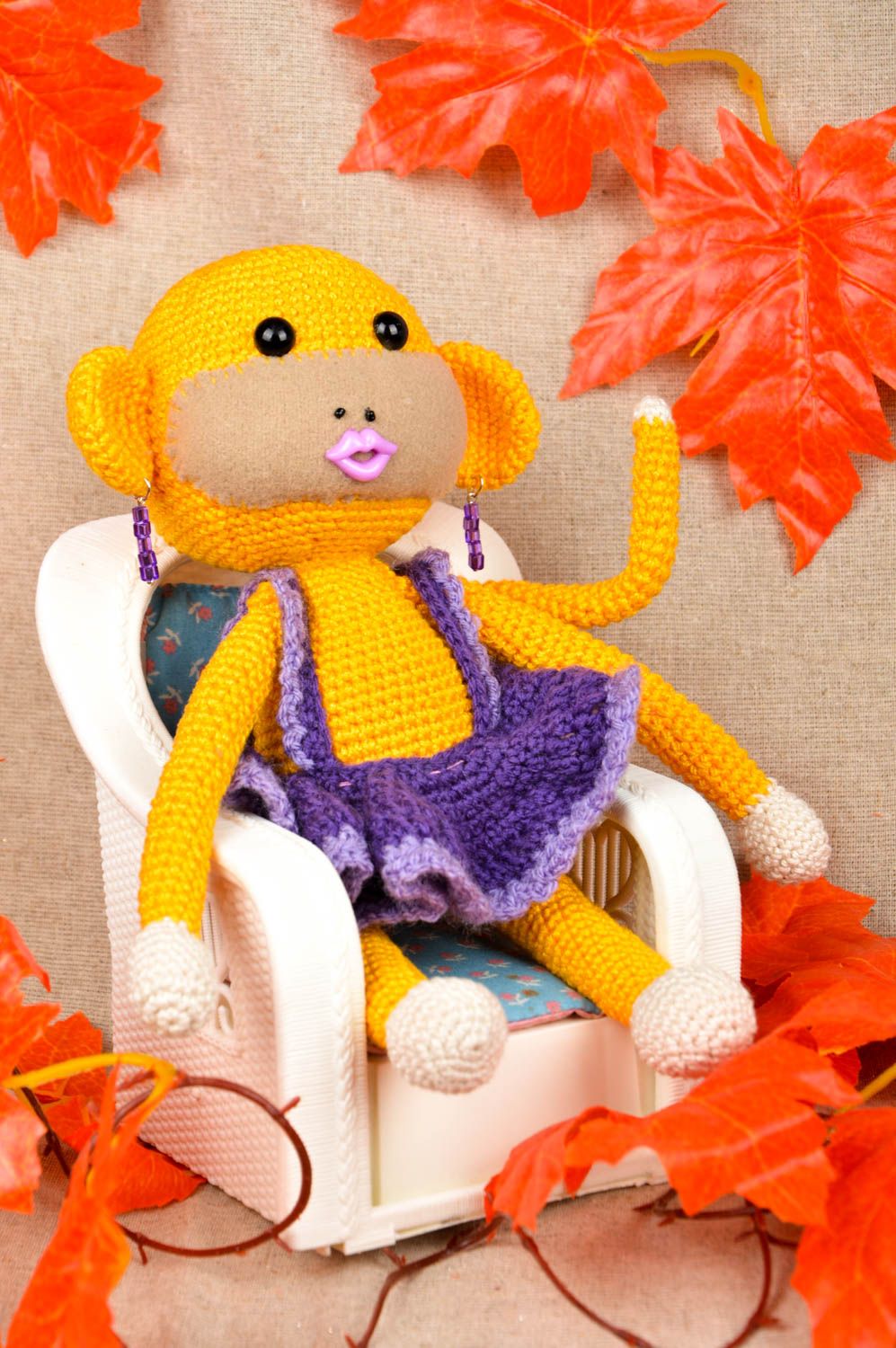 Jouet singe jaune Peluche faite main tricot au crochet Cadeau pour enfant photo 1