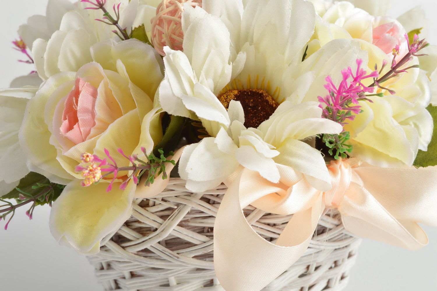 Stylish small handmade white wicker basket with fabric flowers  photo 4