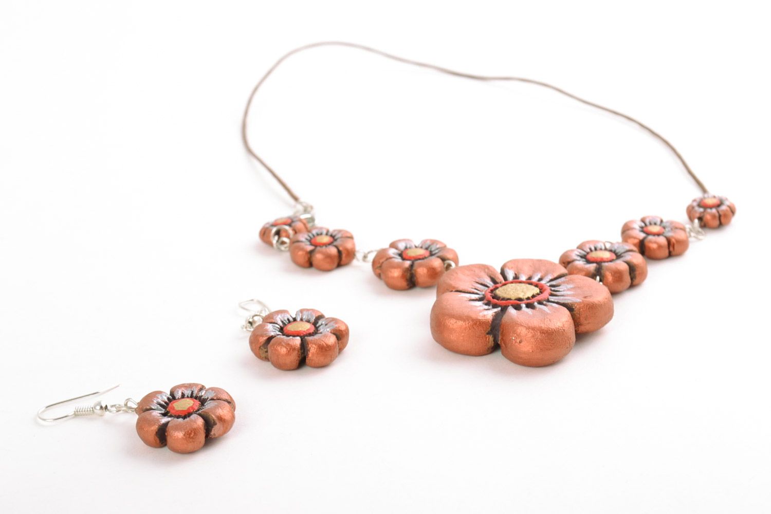 Handmade brown clay jewelry set 2 items flower earrings and necklace photo 3