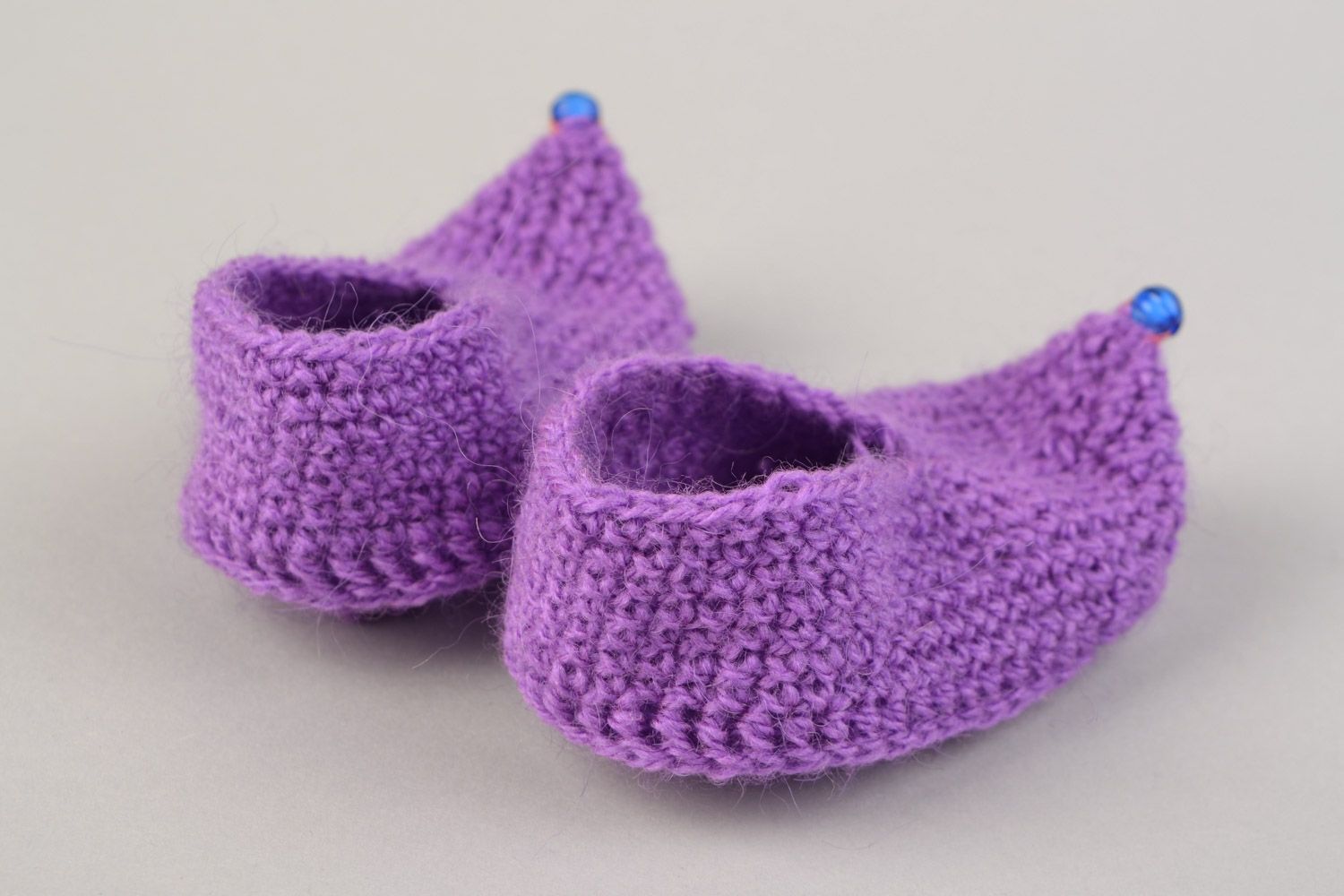 Handmade soft and warm baby shoes crocheted of angora wool of violet color photo 5