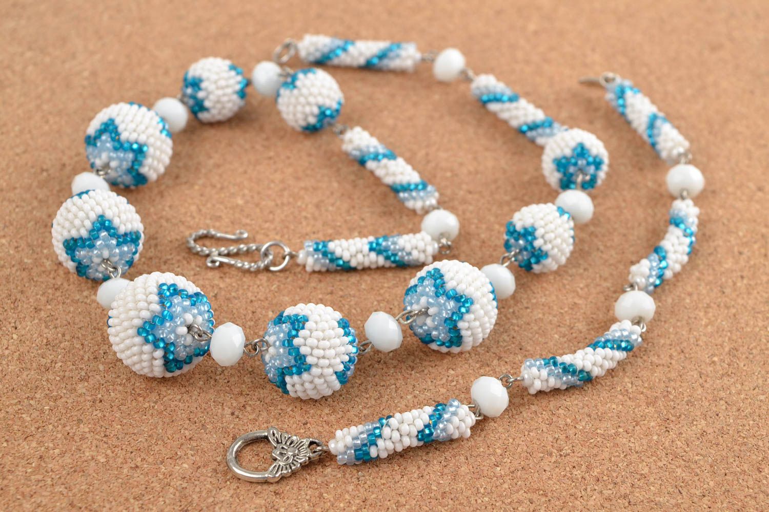 Bead set of necklace and chain bracelet in white and blue color. Great gift for girls photo 1