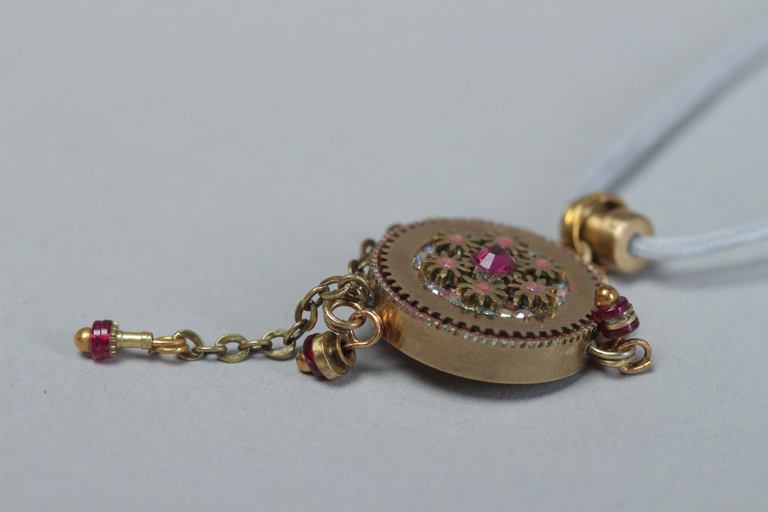 Handmade women's metal steampunk pendant with watch details and stones photo 3