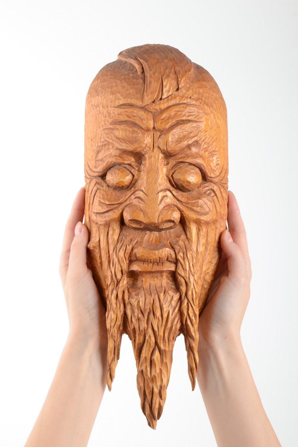 Handmade decorative hanging wall mask carved of wood and coated with varnish photo 5