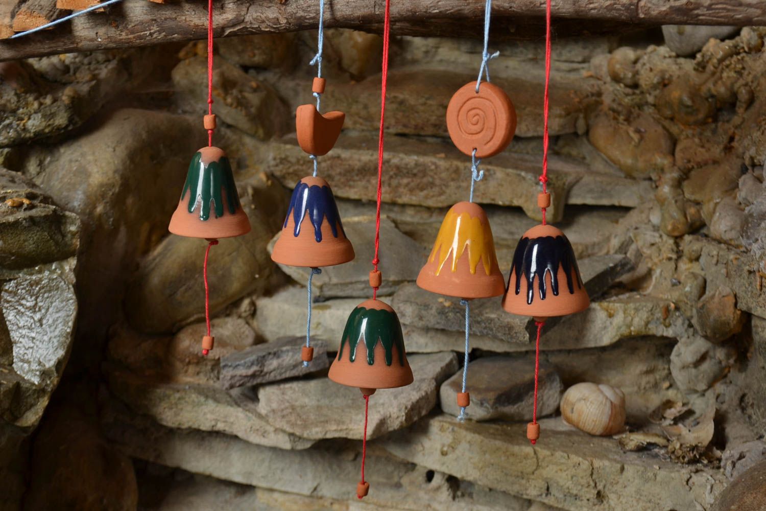 Set of 5 handmade designer ceramic hanging decorative bells painted with engobes photo 1
