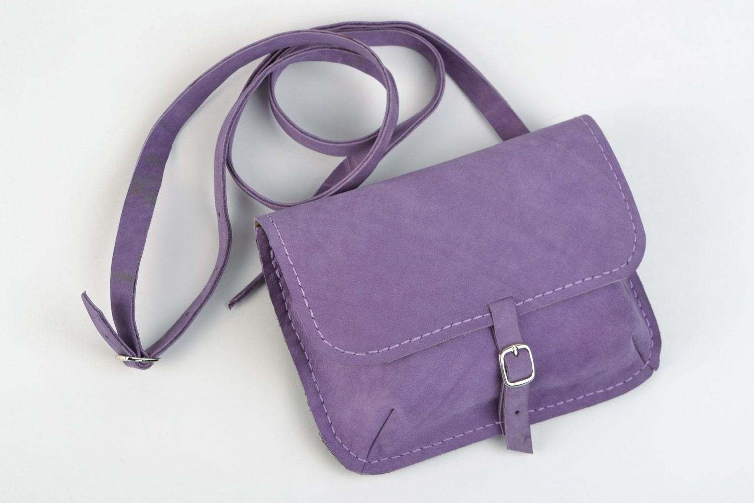 Handmade genuine leather clutch bag of lilac color with long handle for women photo 1