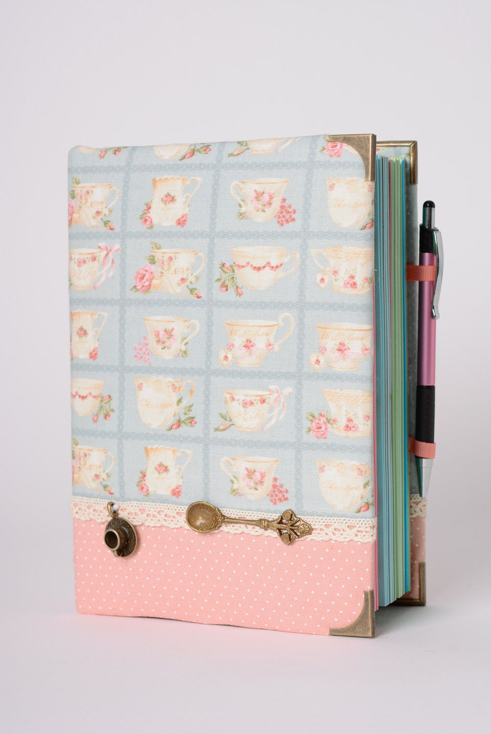 Beautiful handmade notebook with fabric soft cover in blue color palette photo 1