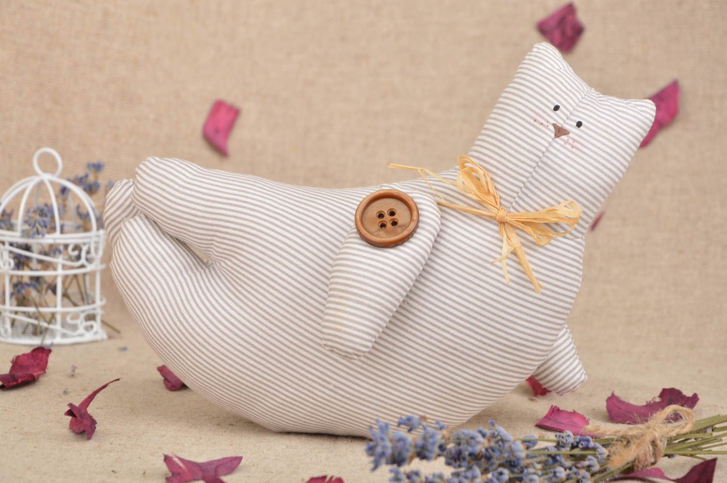 Мягкая игрушка котик ручной работы авторская из ткани детская красивая фото 1