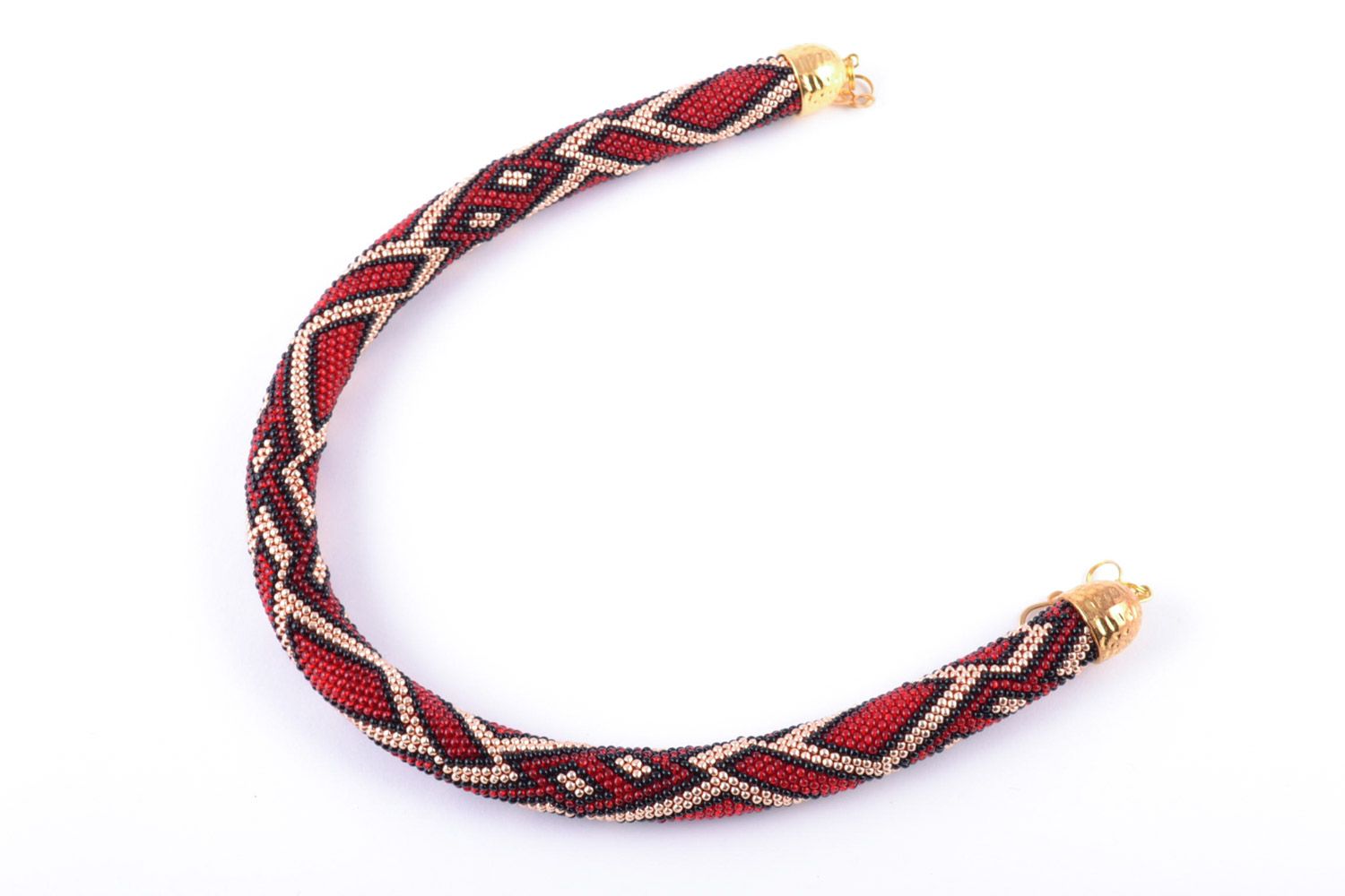 Handmade red Czech bead cord necklace with geometric patterns photo 4