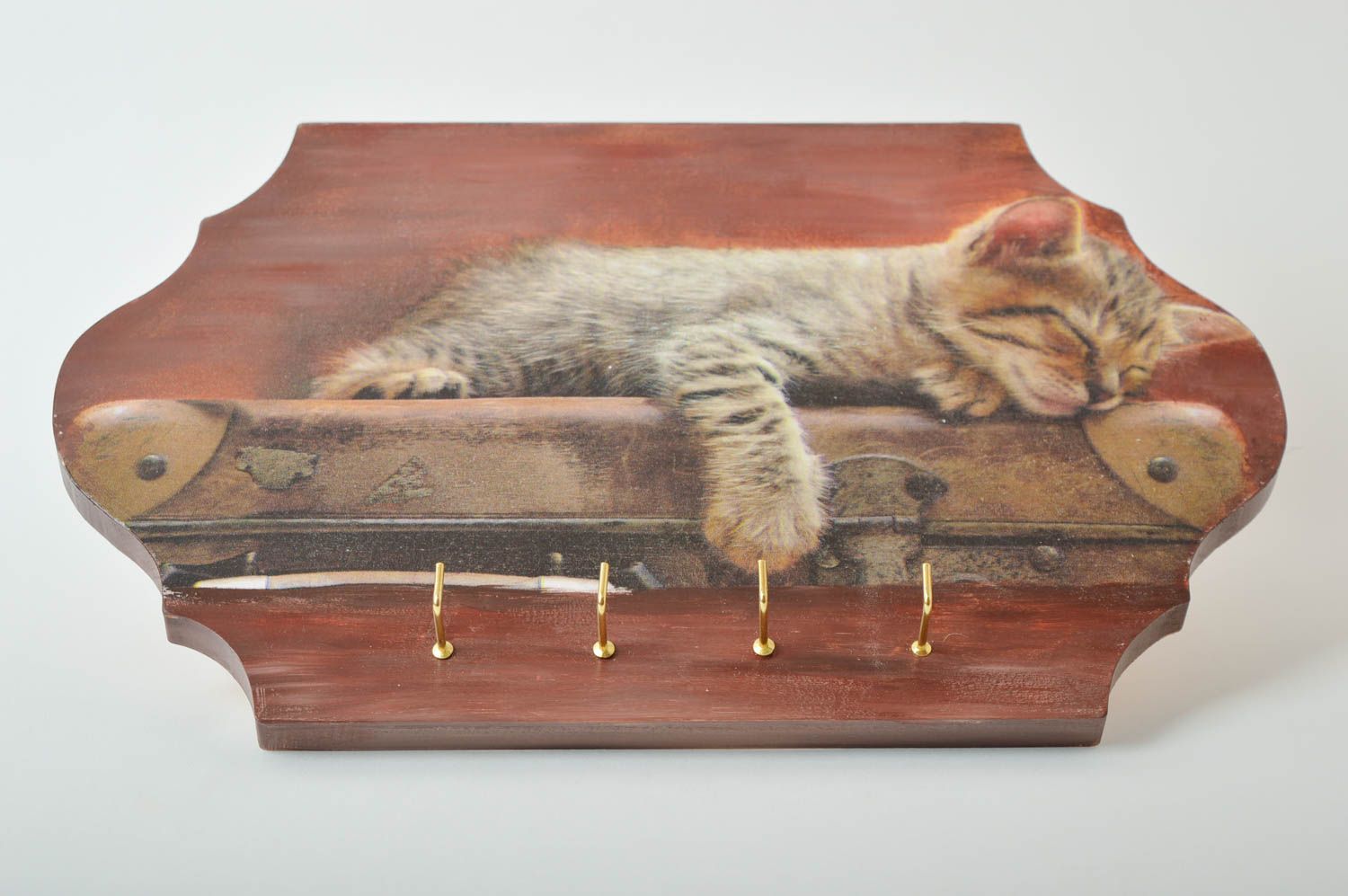 Handmade Schlüsselbrett aus Holz Wandhaken für Schlüssel Haus Deko Katze  foto 2
