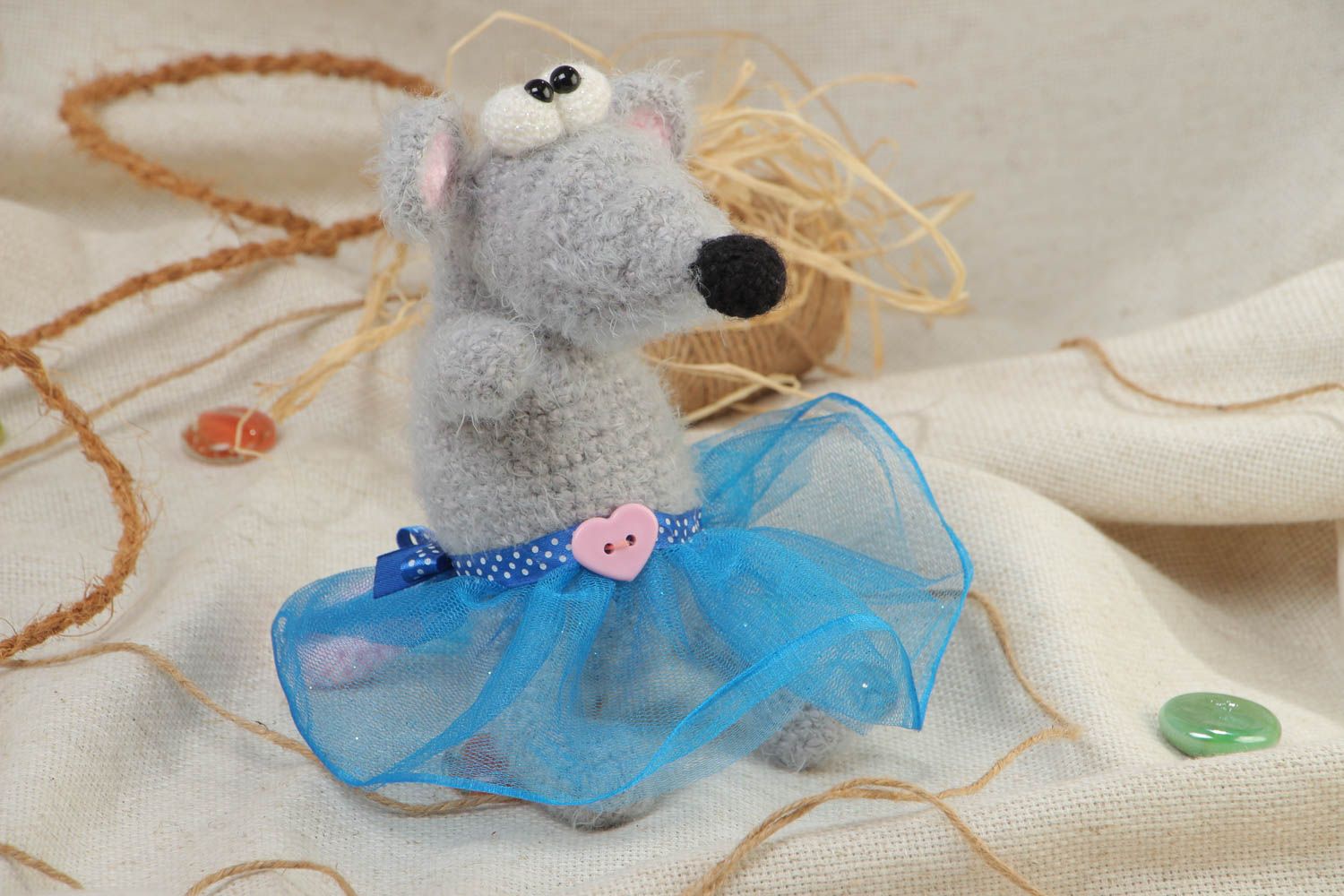 Handmade soft toy crocheted of acrylic threads gray mouse in blue tutu skirt photo 1