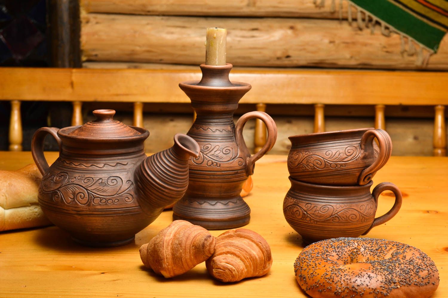 Заварной чайник ручной работы глиняные чашки керамический подсвечник набор фото 1
