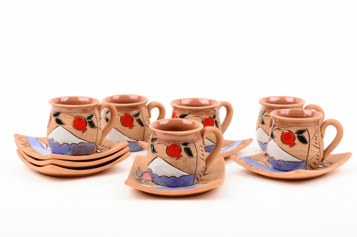 Set of 6 six clay coffee cups with saucers, handles, and floral green and red pattern  photo 1