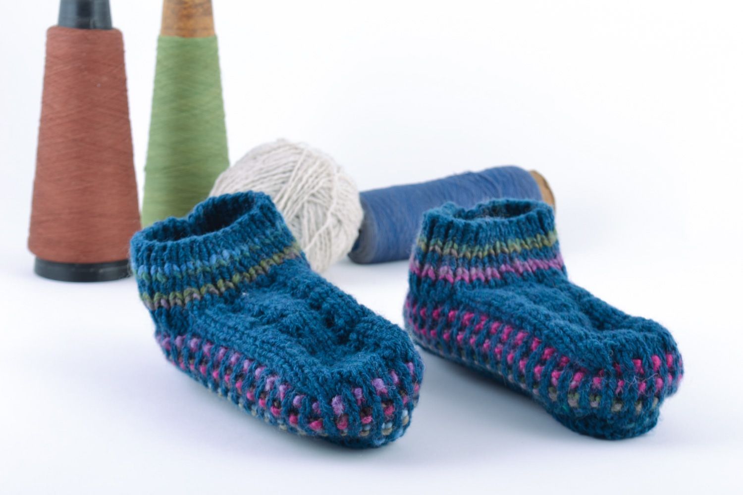 Beautiful cozy handmade knitted semi-woolen slippers of blue color for women  photo 1