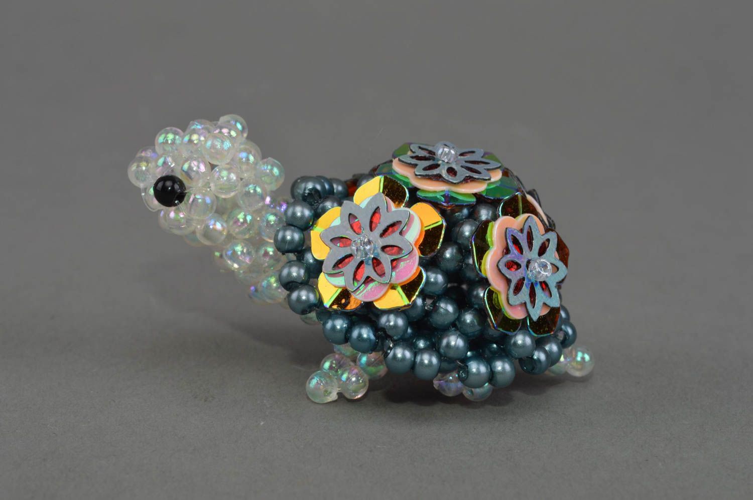 Beautiful small handmade designer figurine of turtle woven of beads for decor photo 2
