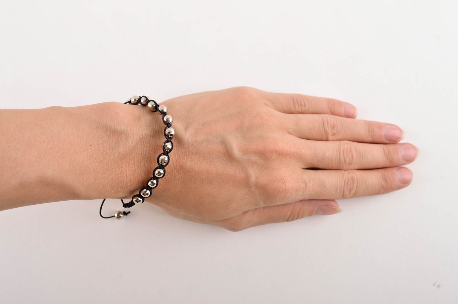 Balck cord handmade beaded strand bracelet with black beads photo 5