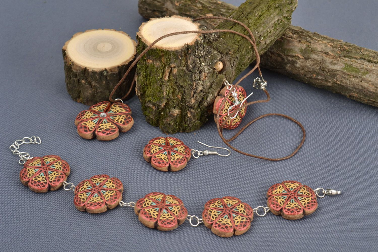 Handmade painted clay jewelry set 3 items patterned earrings bracelet and pendant photo 1