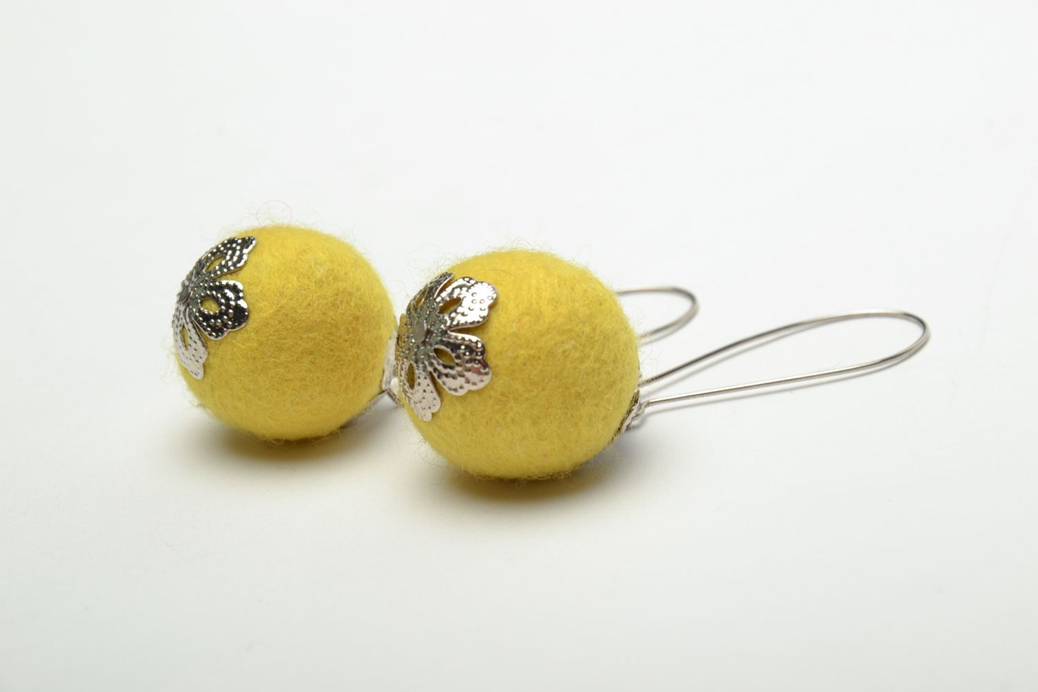 Yellow felted wool earrings with English fasteners photo 4