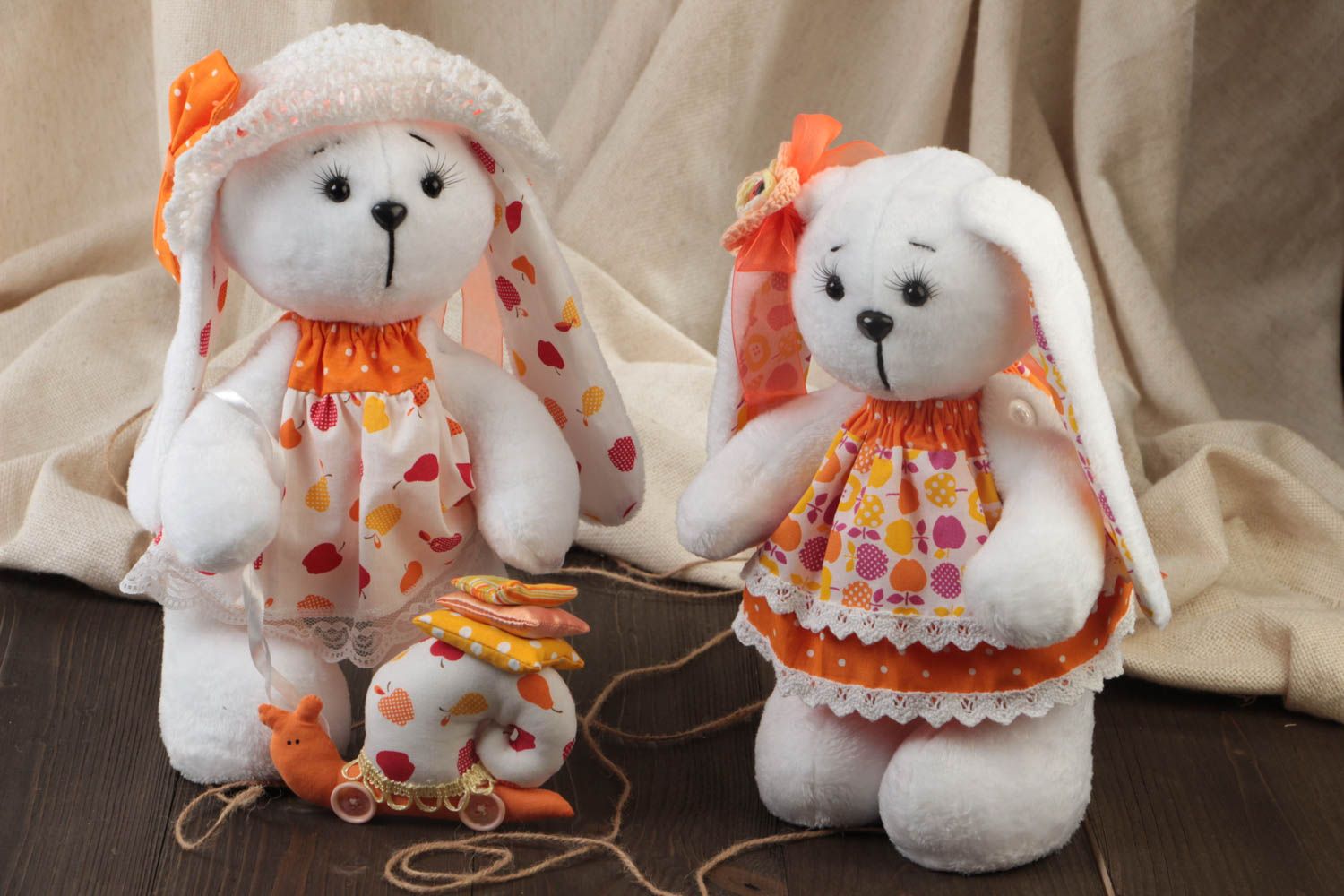 Set of handmade children's fabric soft toys 2 pieces Hares in Dresses photo 1