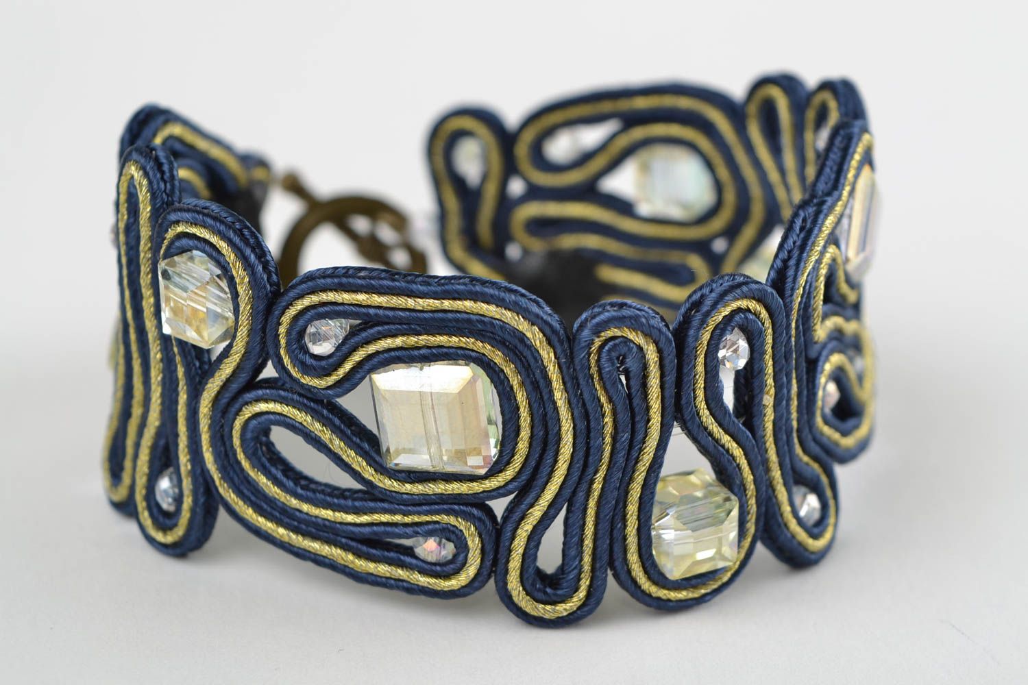 Blue soutache bracelet with rhinestones handmade designer beautiful accessory photo 3