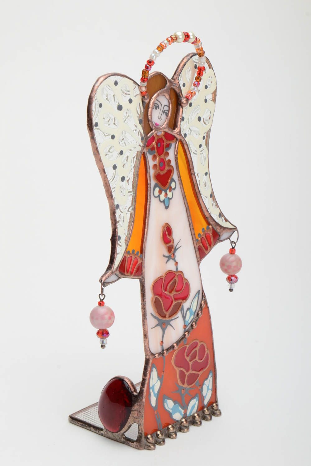 Grand bougeoir en verre figurine ange multicolore fait main technique vitrail photo 4