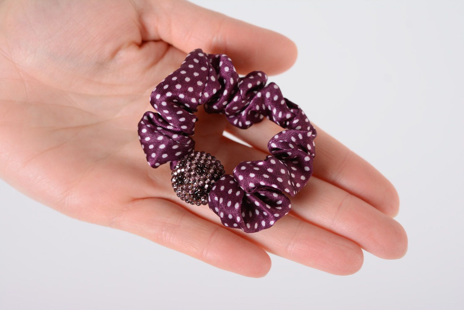 Beautiful handmade polka dot satin fabric hair tie with beads photo 2