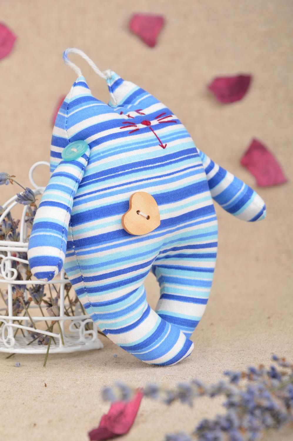 Тканевая игрушка котик полосатый синий яркий ручной работы детская красивая фото 1