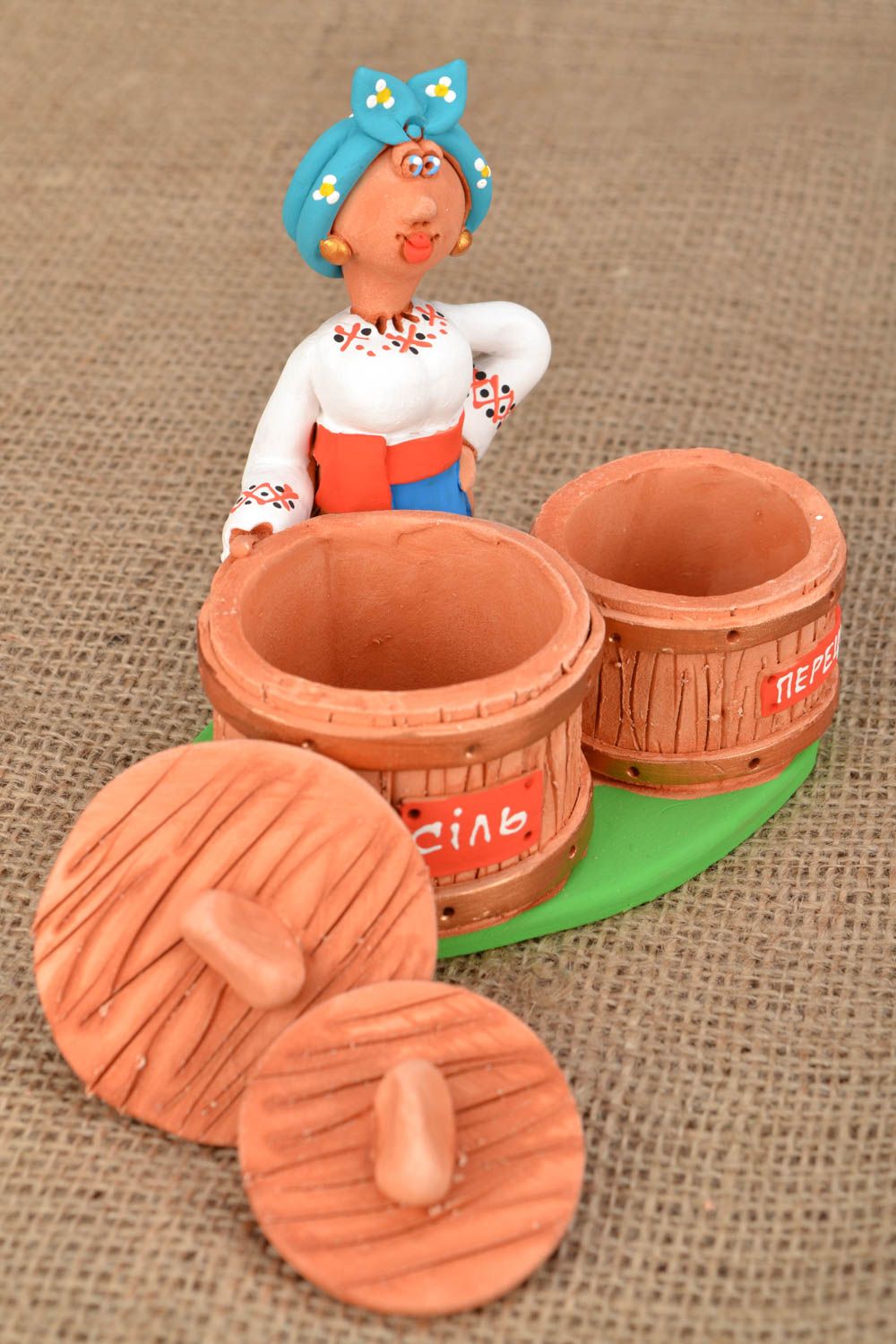 Handmade salt and pepper ceramic stand in the shape of a village woman with two jars 1 lb photo 1