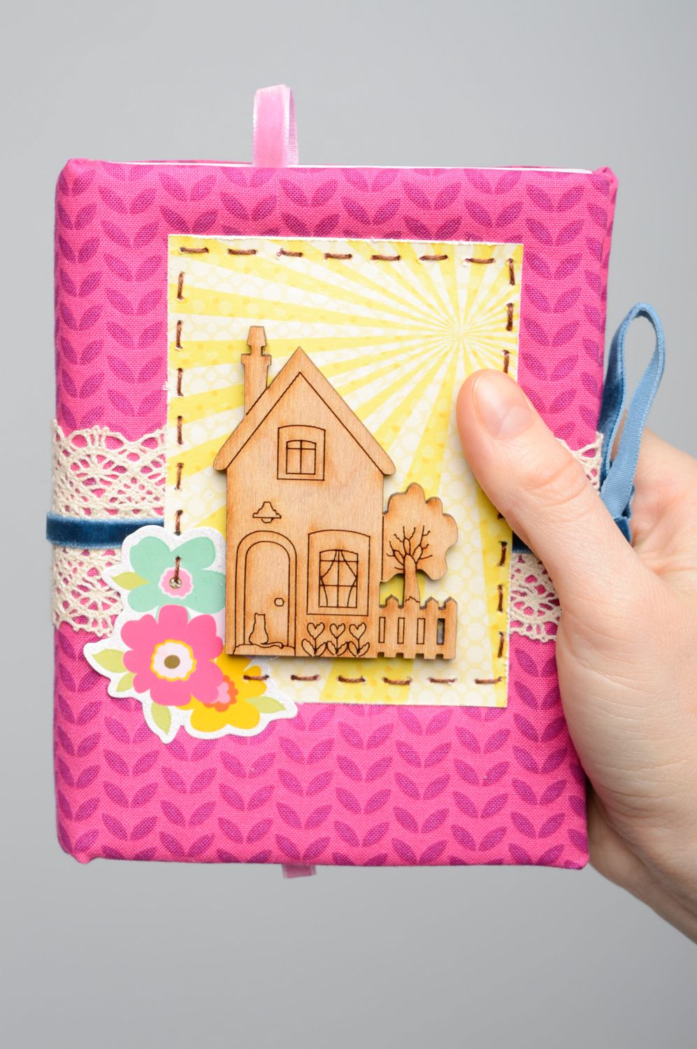 Bright pink handmade fabric notebook with soft cover photo 2