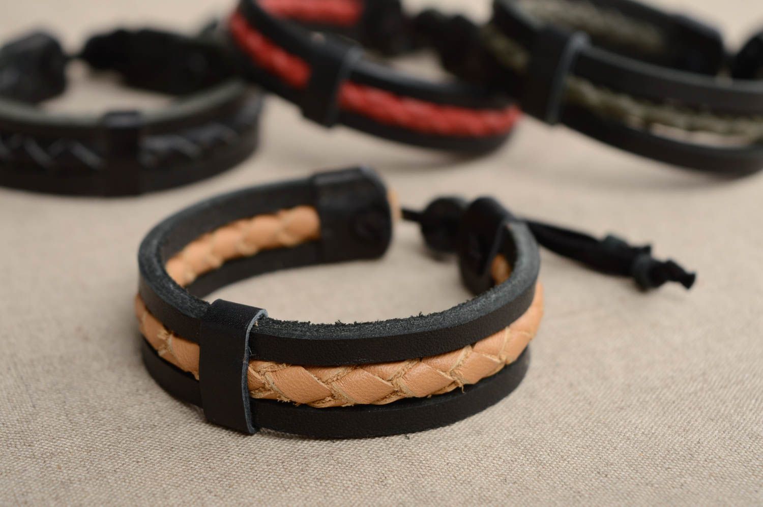 Genuine leather bracelet with woven elements photo 5