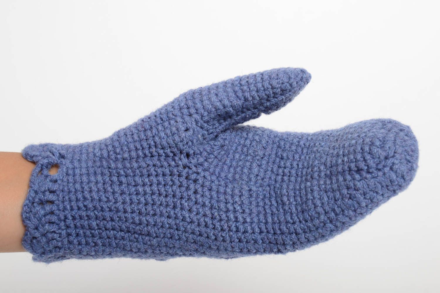 Handmade knitted mittens stylish designer accessories blue cute handicrafts photo 2
