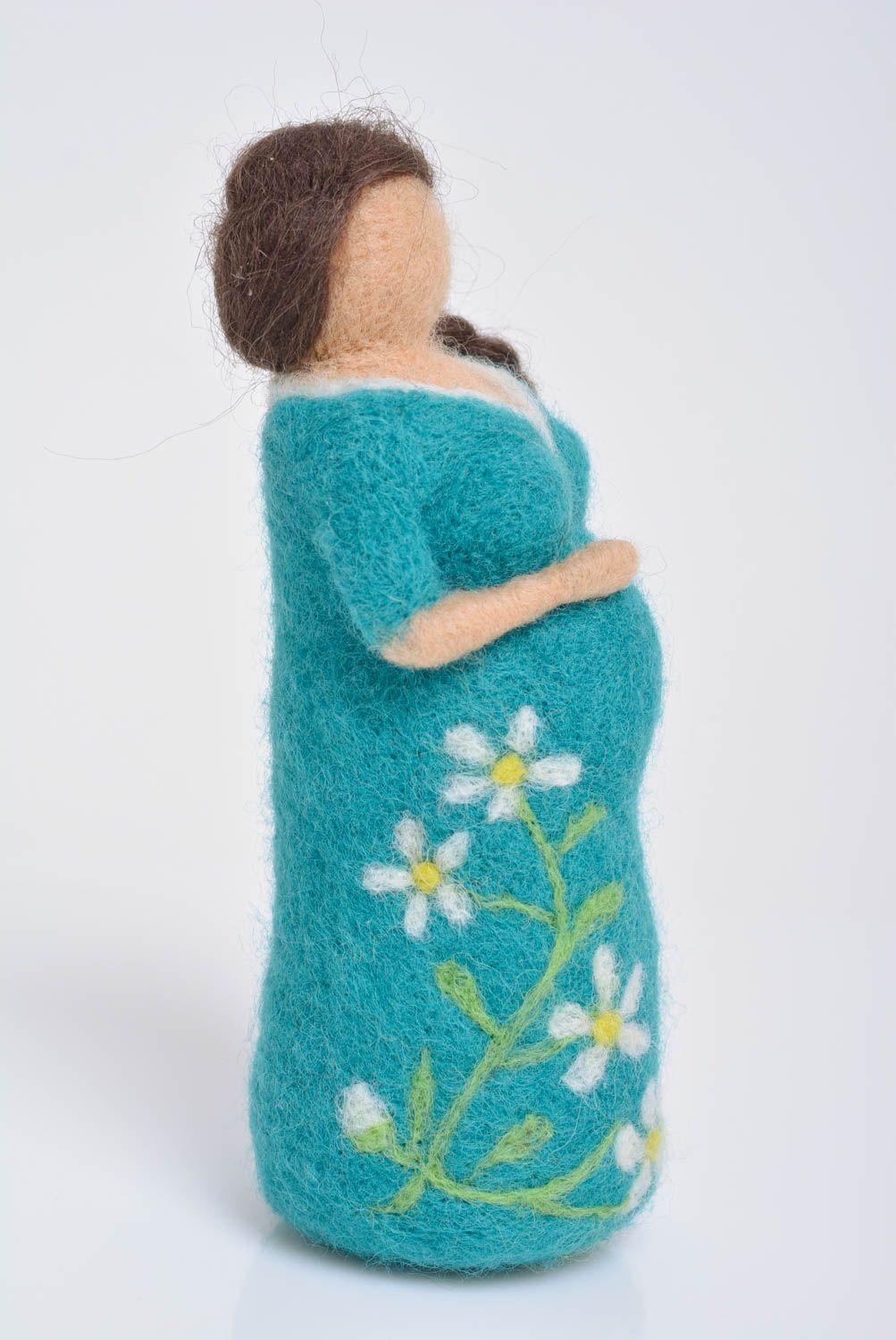 Poupée en laine feutrée originale faite main robe turquoise décorative photo 3
