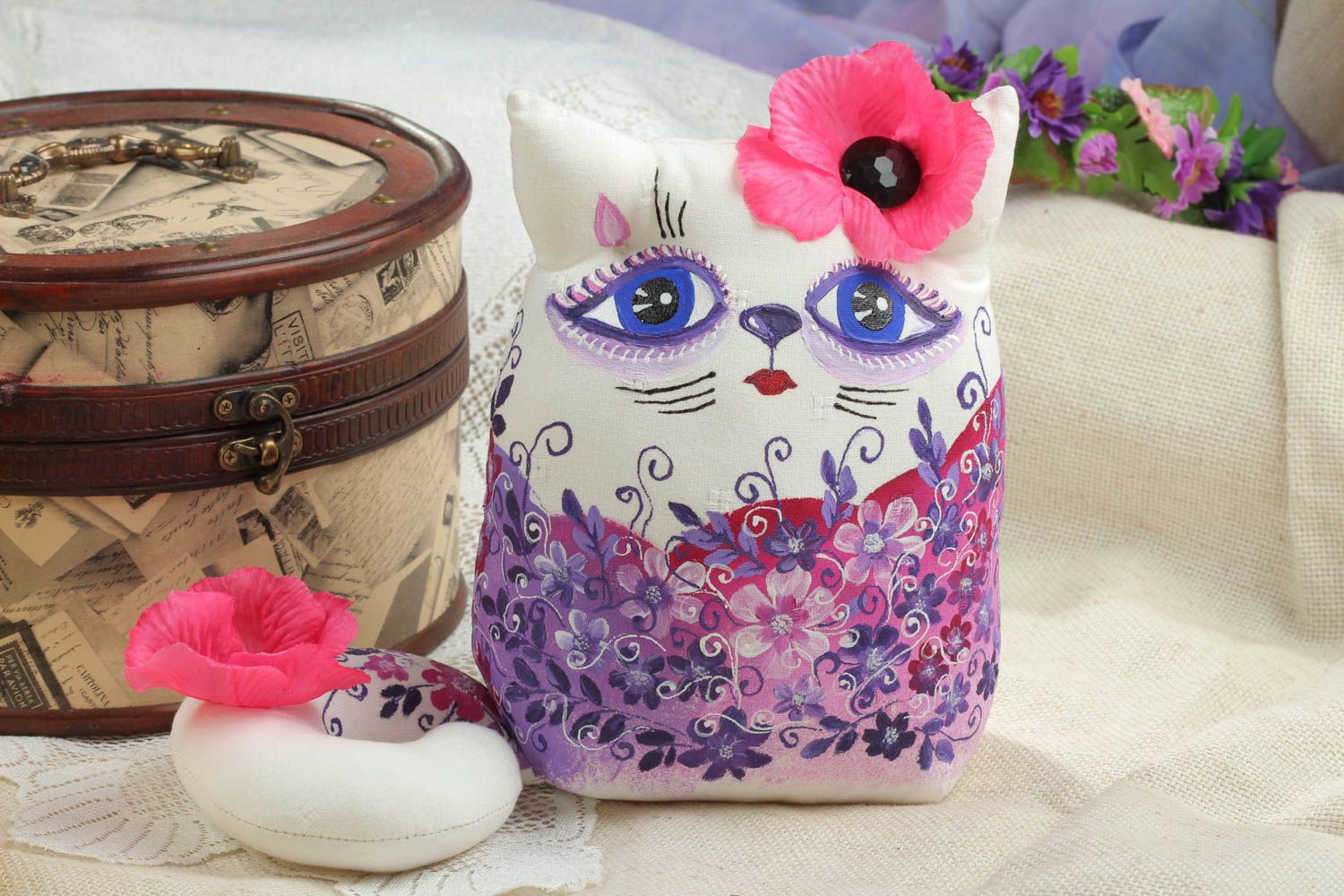 Jouet chat Peluche faite main en coton motif floral Déco maison cadeau photo 1