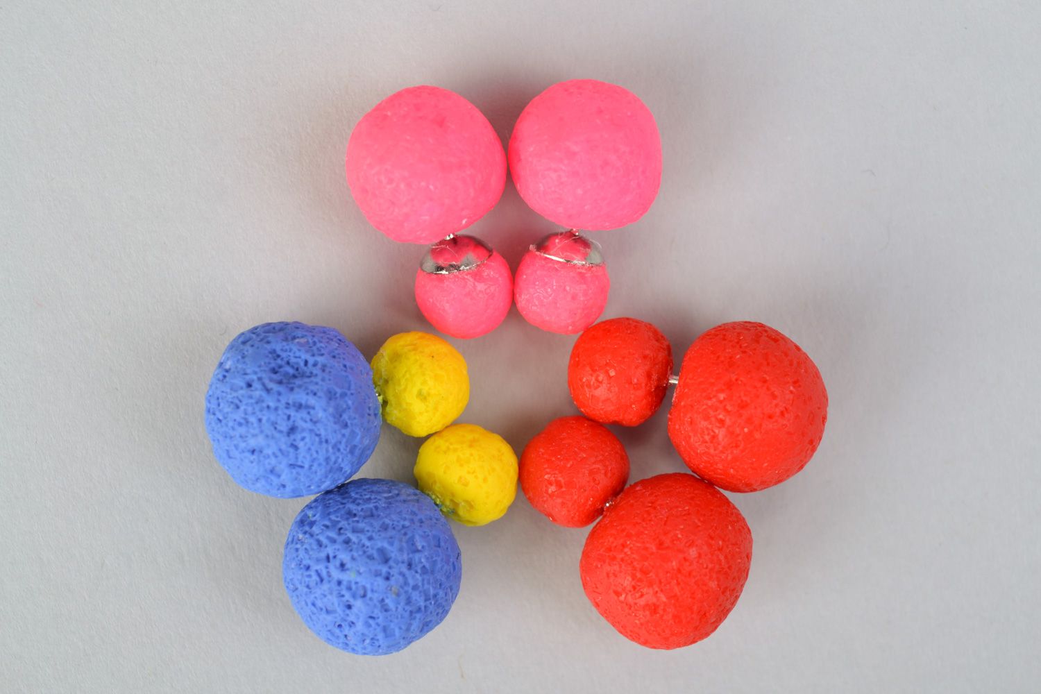 Handmade polymer clay stud earrings of round shape of bright colors set of 3 pairs photo 3