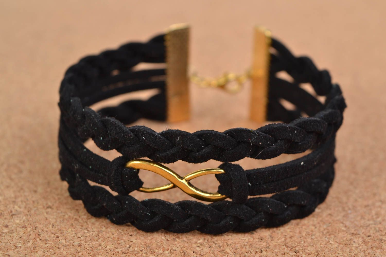 Black woven handmade suede cord bracelet with charm Infinity photo 1