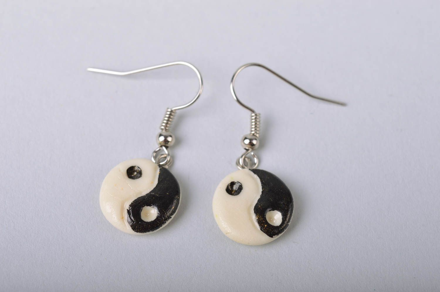 Handmade designer round cold porcelain black and white earrings Yin and Yang photo 2
