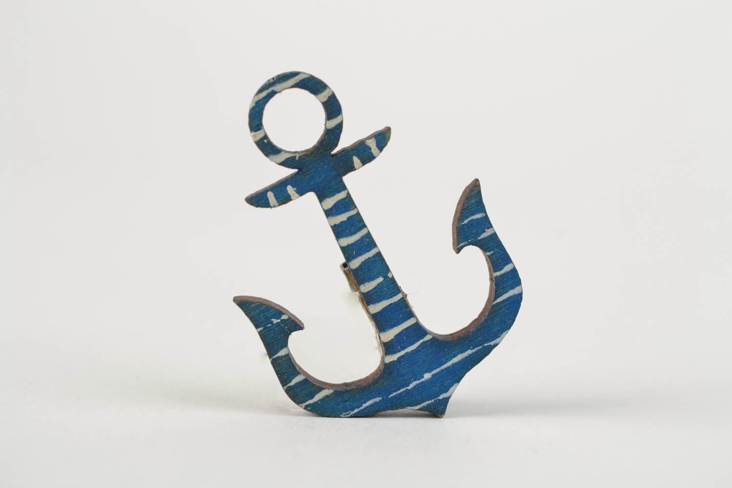 Handmade wooden small brooch with acrylic painting in the form of an anchor in marine style photo 1