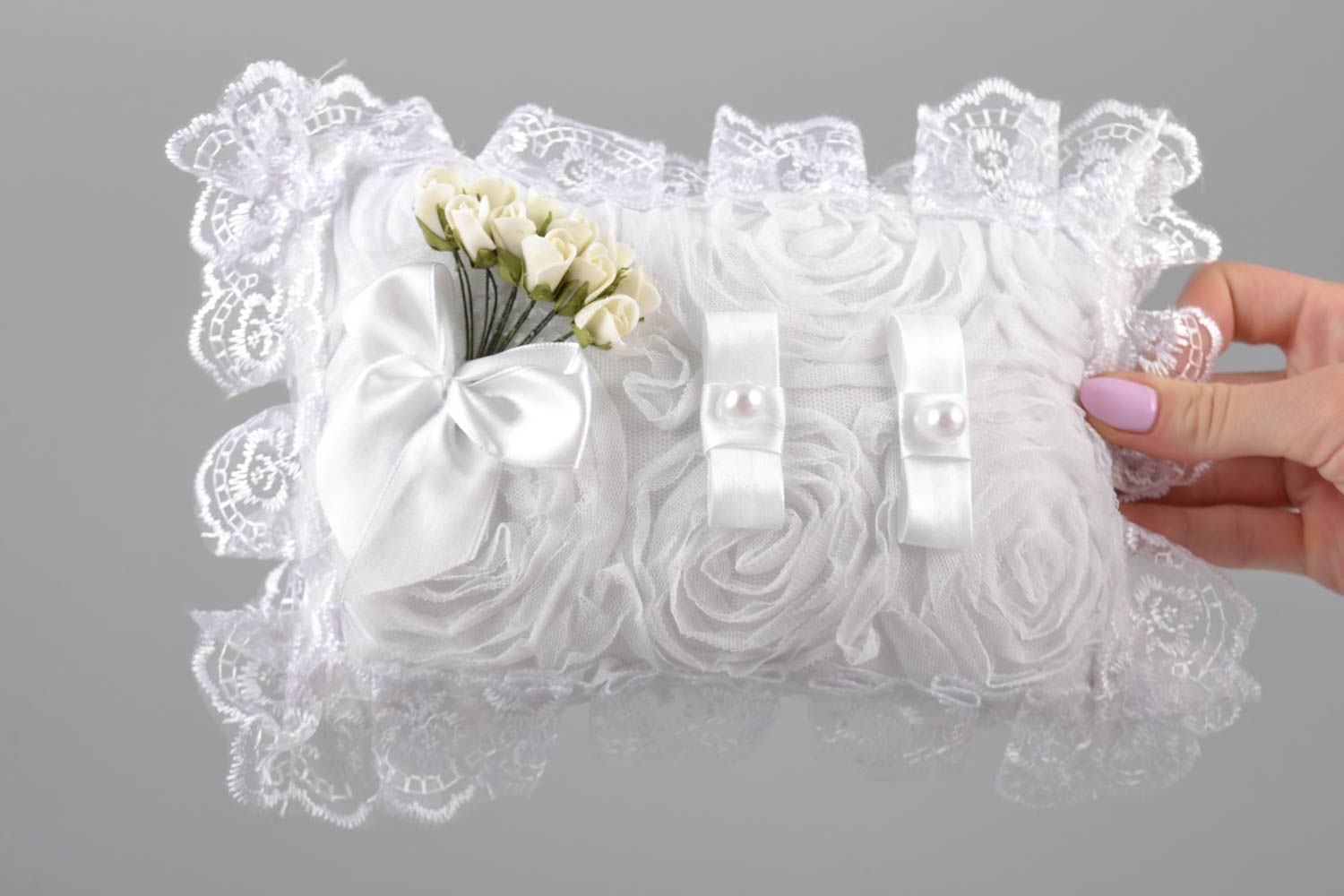 Beautiful rectangular white handmade wedding pillow for rings with flowers photo 5