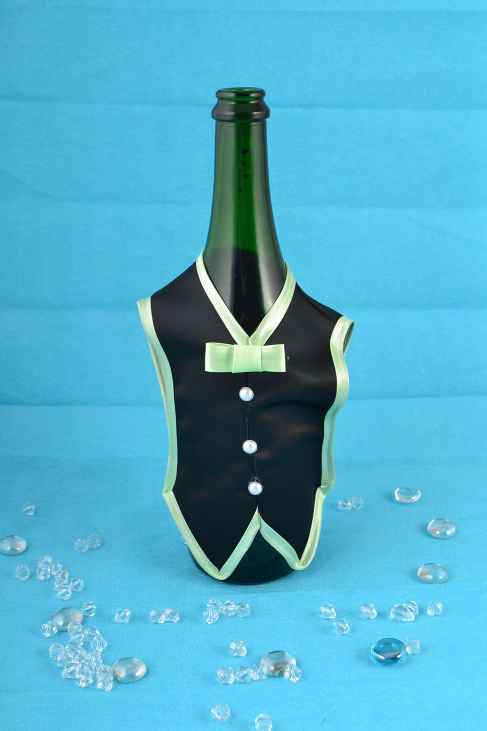 Handmade decorative wedding cover for champagne bottle sewn of satin fabric photo 1