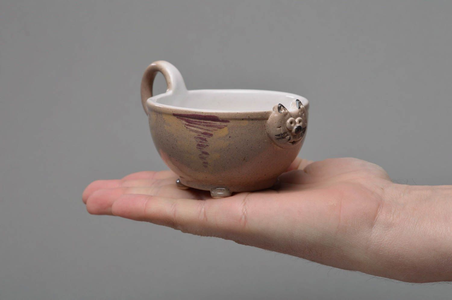 Tasse originale petite faite main en porcelaine en forme de chat gris vaisselle photo 4