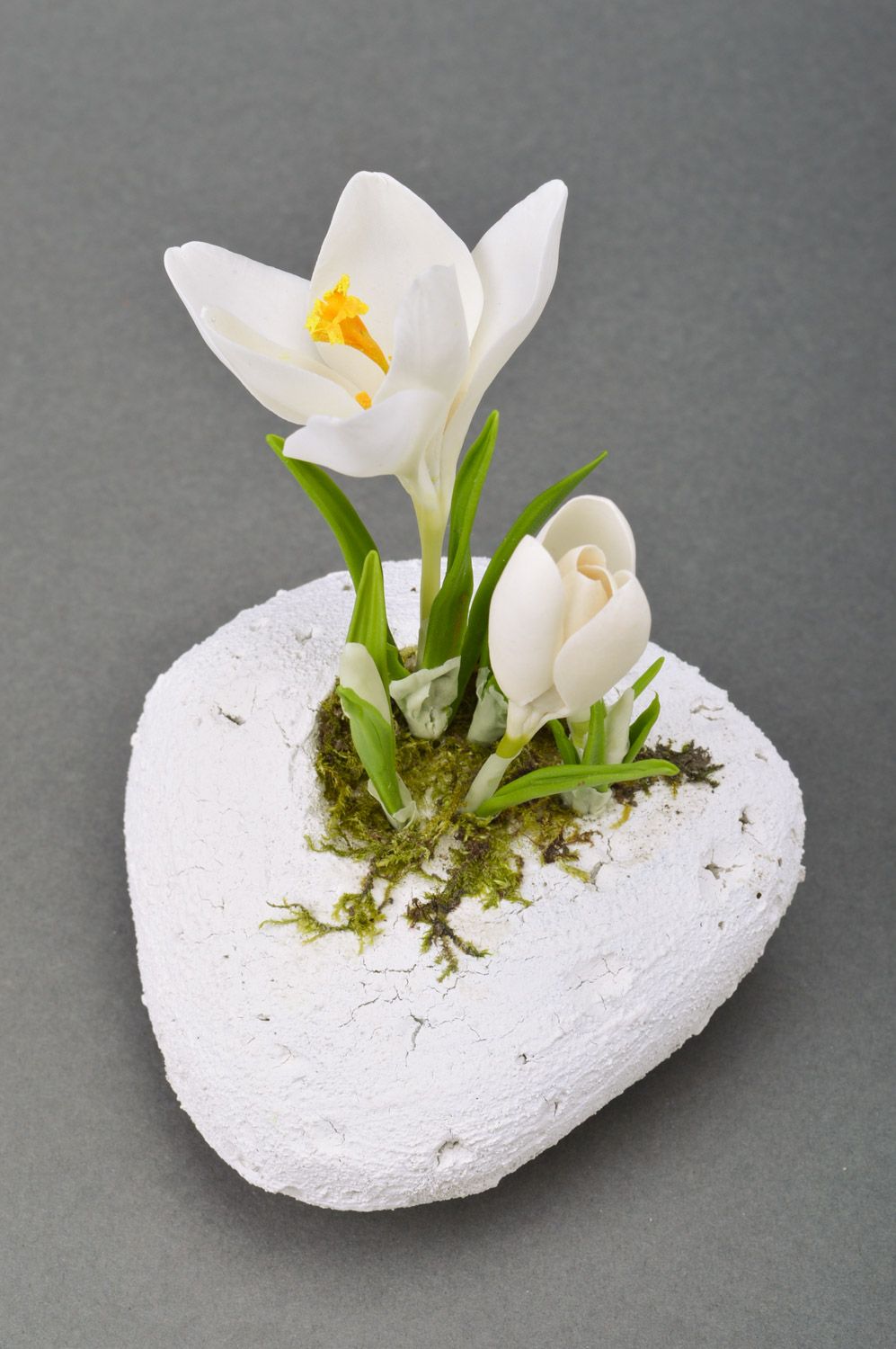 Handmade decorative white crocus flower molded of polymer clay on stand photo 4