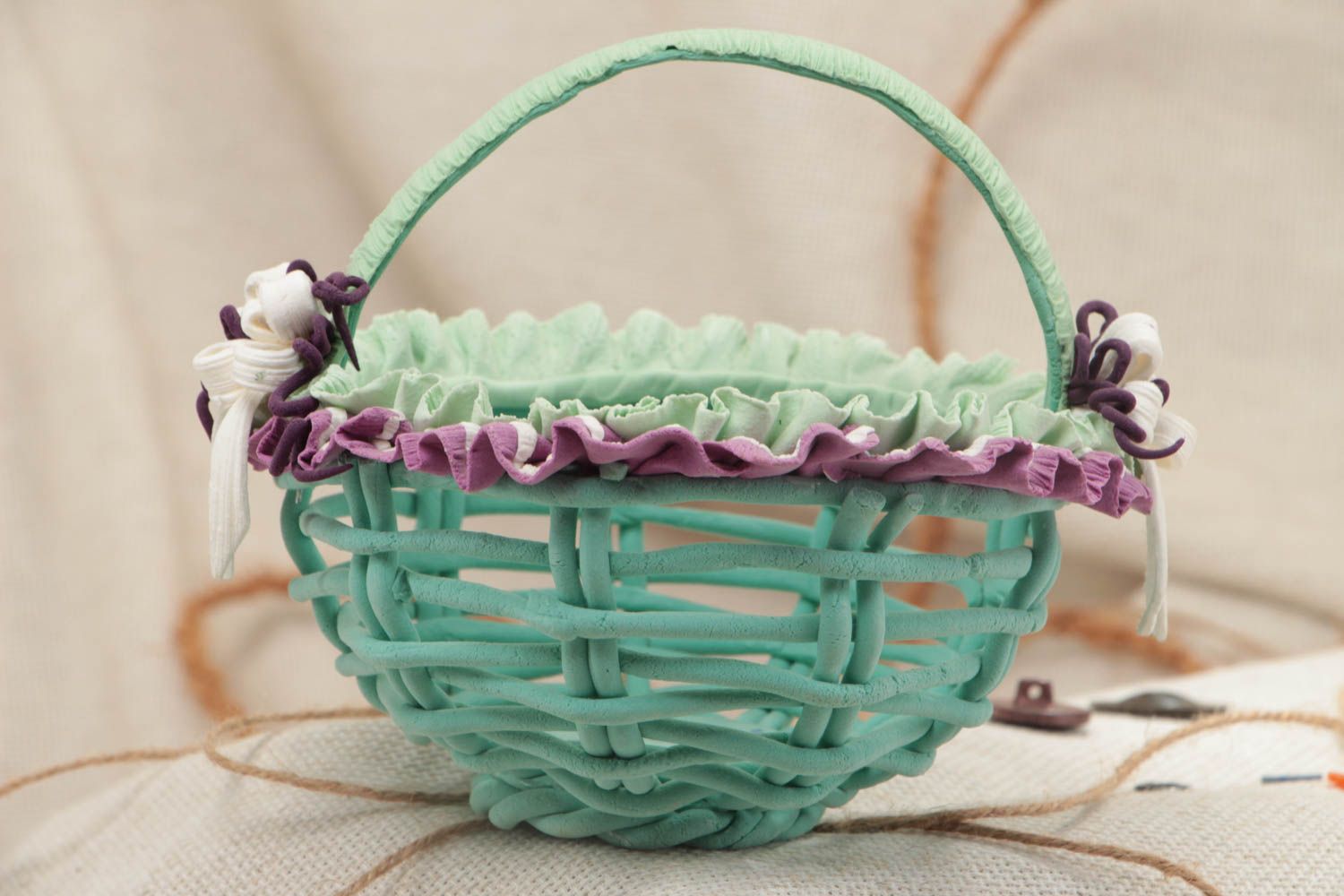 Handmade small decorative polymer clay basket in green and violet colors photo 1