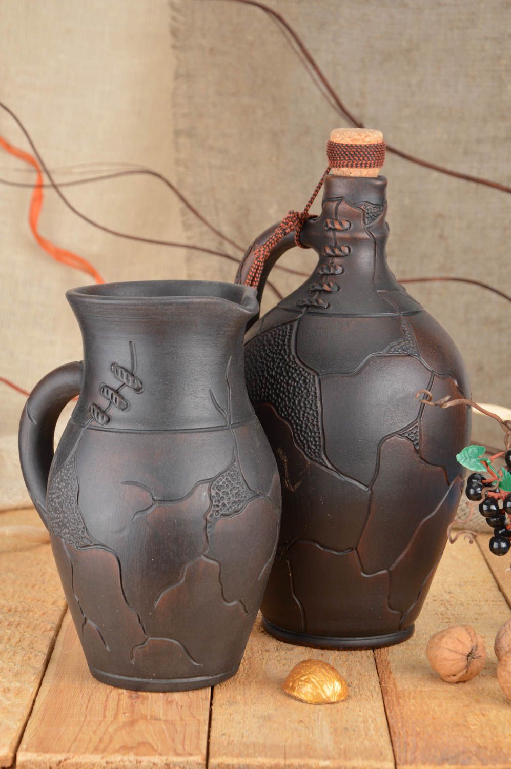 Ton Geschirr Set 2 Stück Keramik Krug und Flasche in Braun handgemacht foto 1