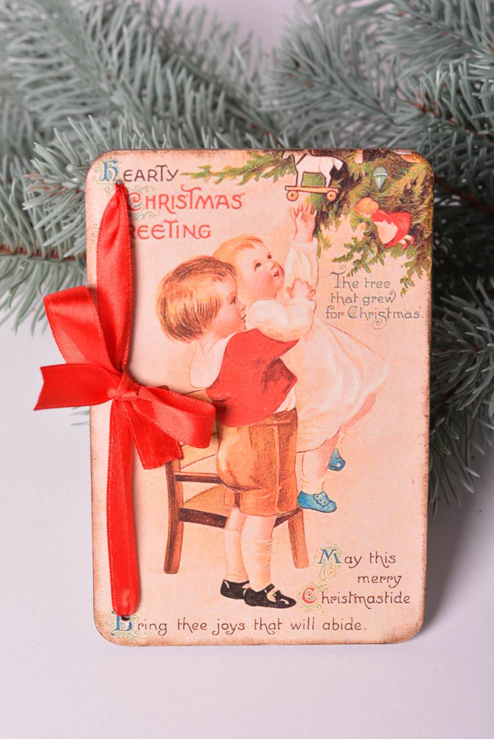 Carte de voeux Noël fait main en bois avec nœud rouge Cadeau original design photo 1