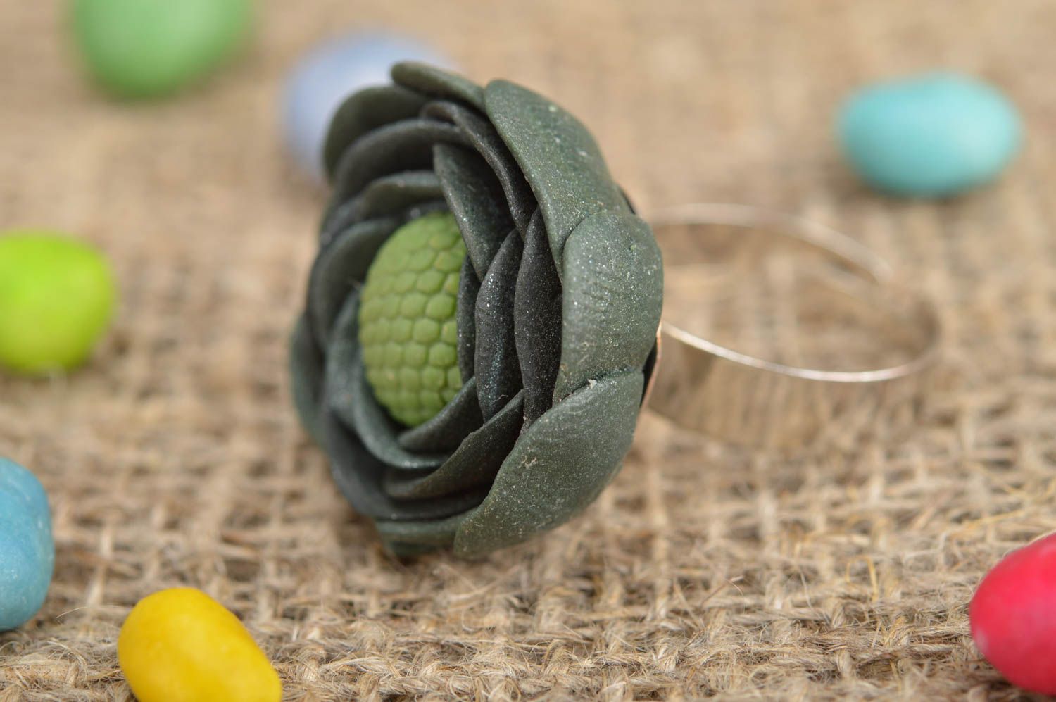 Handmade unusual ring made of polymer clay in form of green peony adjustable photo 1